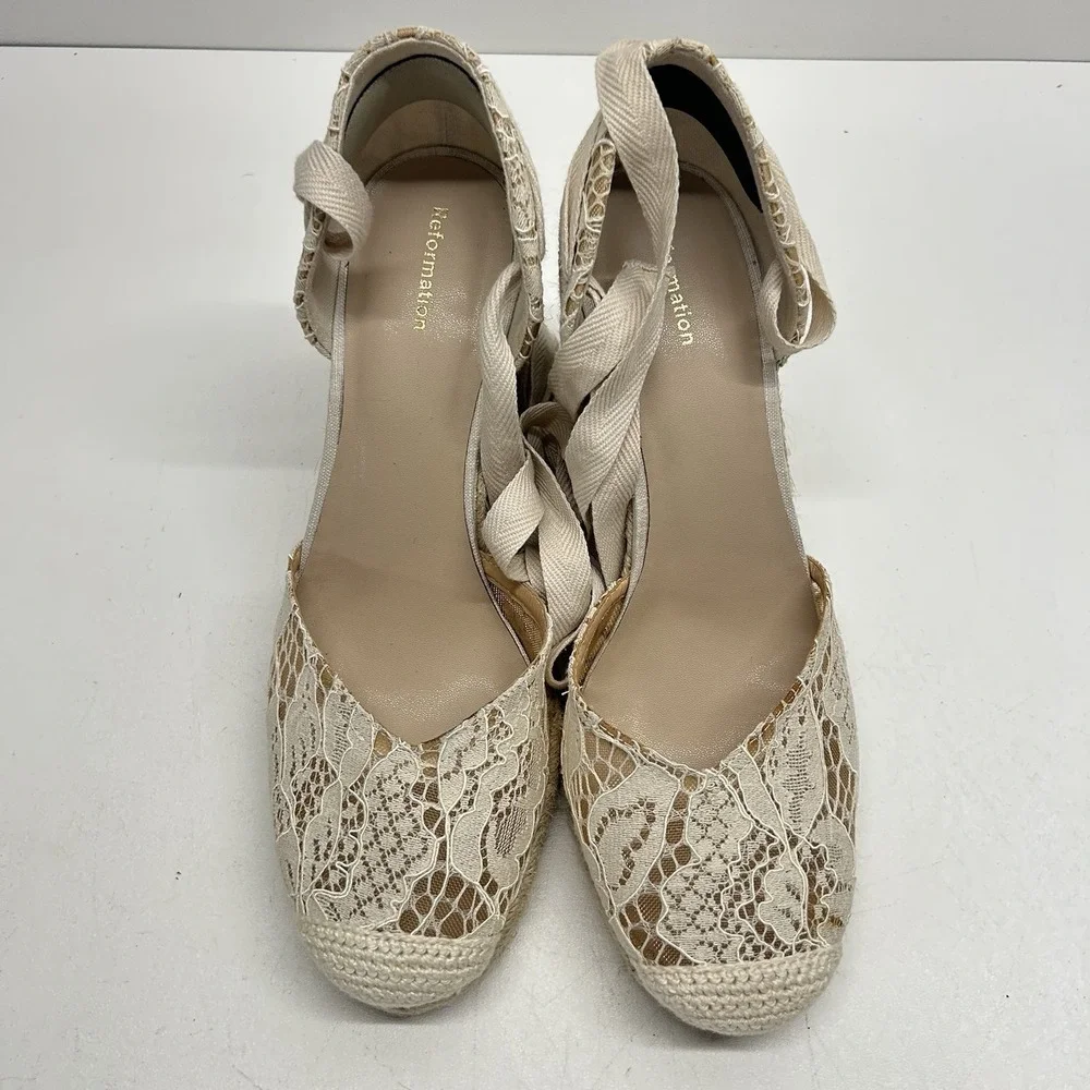 Reformation Camilla Lace Up Wedge Espadrille Cream‎ Lace Size 10.5 Boho Wedding